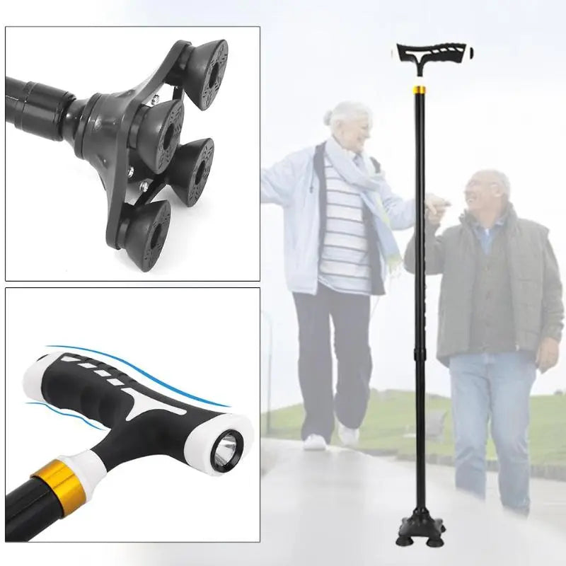 Folding Trekking Poles T-handle Hiking 5 Modes Adjustable Anti-Slip Poles Cane Elderly Walking Stick Cane Crutch with LED Light