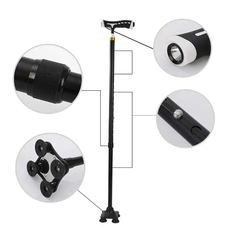 Folding Trekking Poles T-handle Hiking 5 Modes Adjustable Anti-Slip Poles Cane Elderly Walking Stick Cane Crutch with LED Light