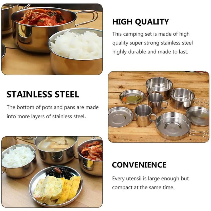 8pcs/set Stainless Steel Outdoor Camping Cookware Set Portable Ultralight Picnic Hiking Cooking Pot Bowl Kit Camping Supplies