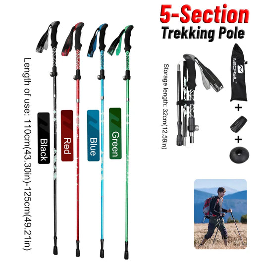 5-Section Outdoor Fold Trekking Pole Climbing Walking Hiking Telescopic Stick Aluminium Alloy Adjustable for Camping Walking